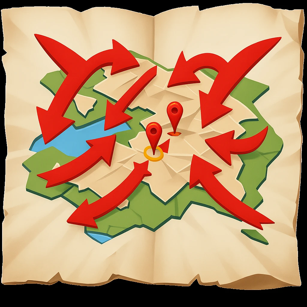 Add bold red arrows to the map, indicating an upcoming offensive attack strategy. Keep the emoji style and all original details. emoji