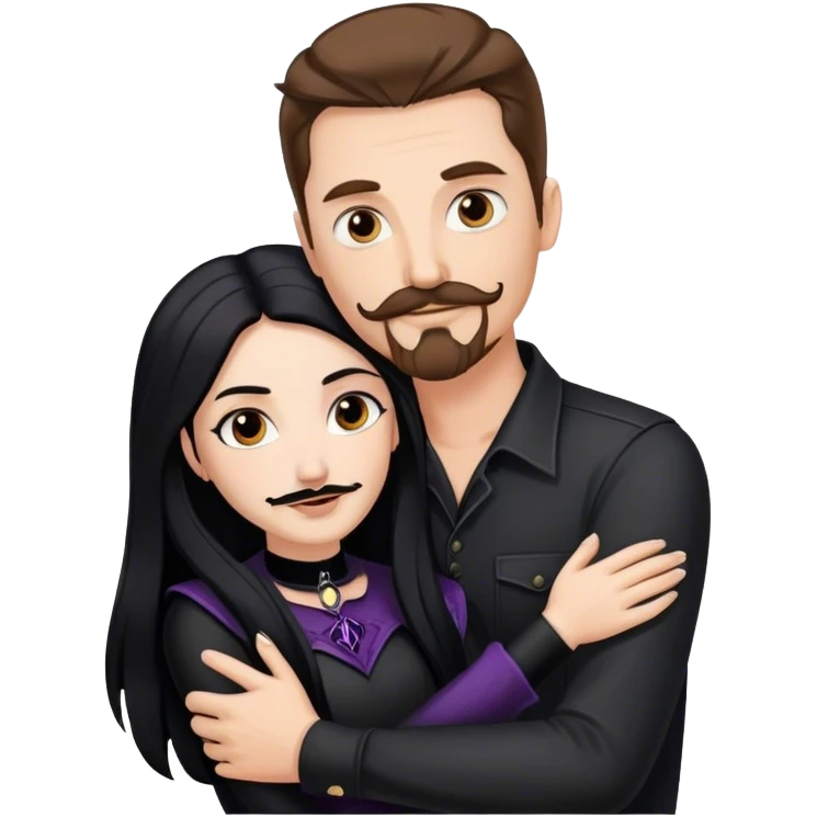 tall white man with brown hair goatee mustache hugging a goth woman with long black hair emoji