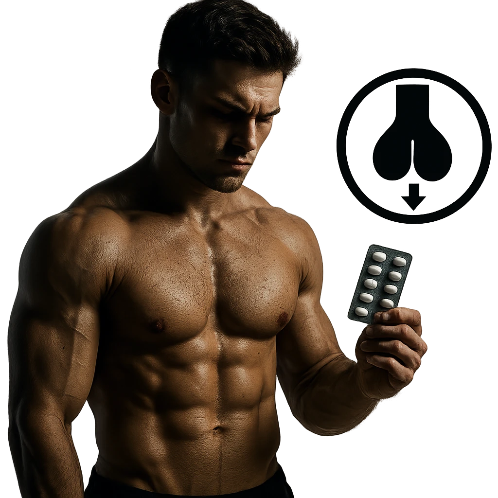 muscular young man with blister pack of pills and symbol of shrunken testicles highlighted, dark atmosphere, hyper realistic details, isolated on white background emoji