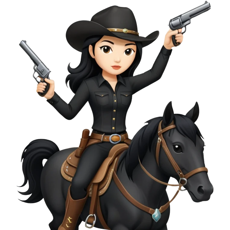 confident Asian woman with long black hair wearing black outfit riding a horse cowgirl style with a pistol emoji