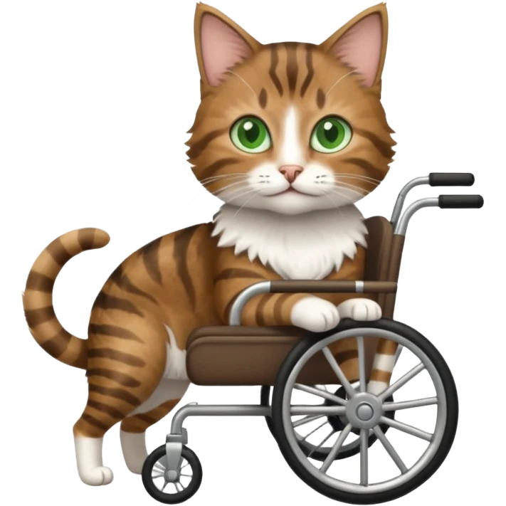 disabled brown tabby and white cat using cat wheelchair emoji