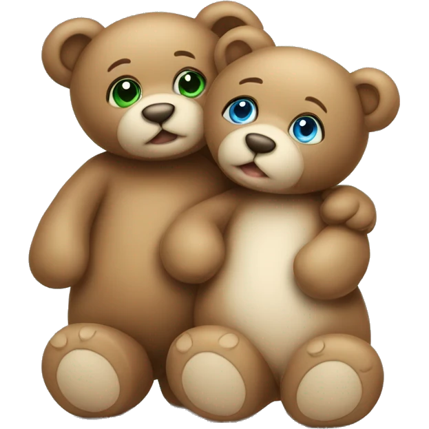 Two teddy bears cuddling one has blue eyes the other one has green eyes emoji