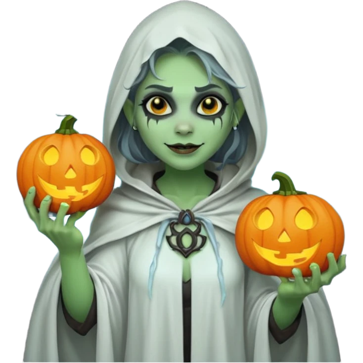 female orc ghost emoji, green skin, tusks, gentle smile, wearing flowing white ghost cloak with black eye holes, holding pumpkin lantern, faint glowing blue mist, Halloween fantasy, smooth Apple emoji style, white background, square emoji