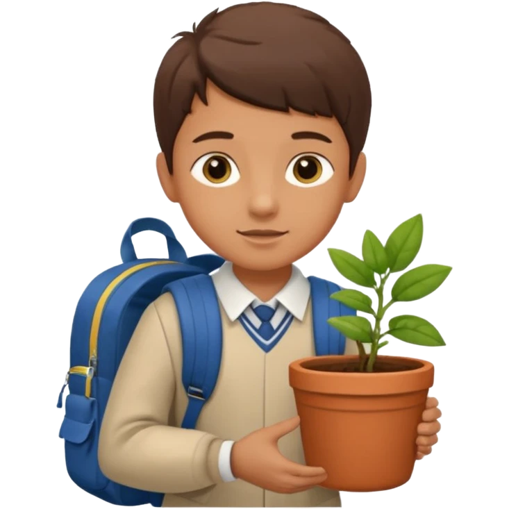 young boy wearing packpack, wearing uniform, holding a plant pot emoji