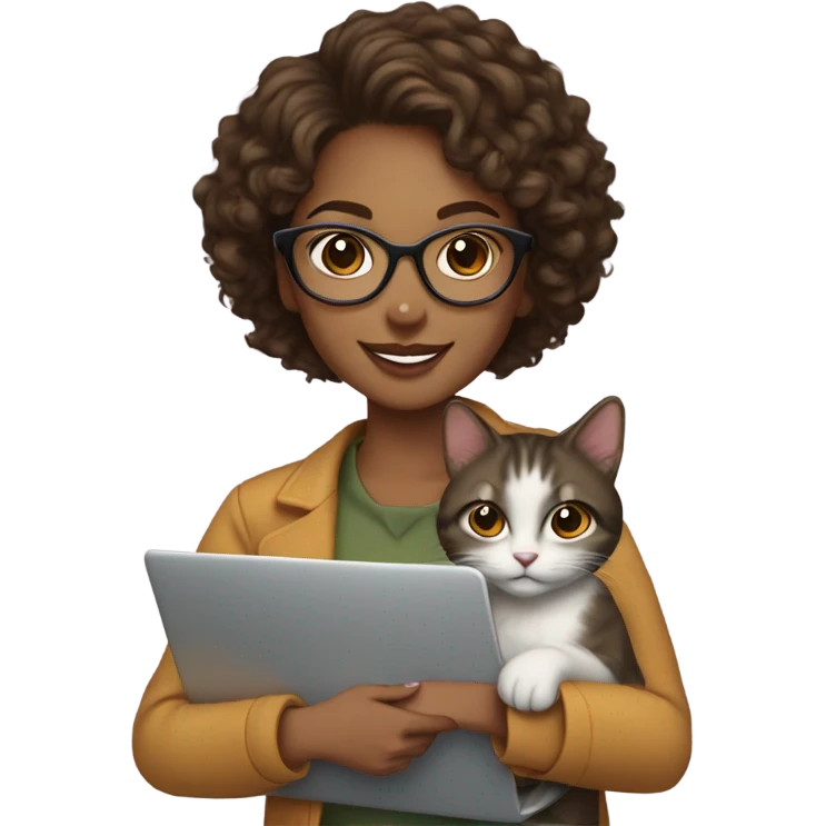 
"Young woman with medium brown skin tone, short curly hair, wearing glasses, with a friendly smile, holding a laptop in one hand and a cat in the other." emoji
