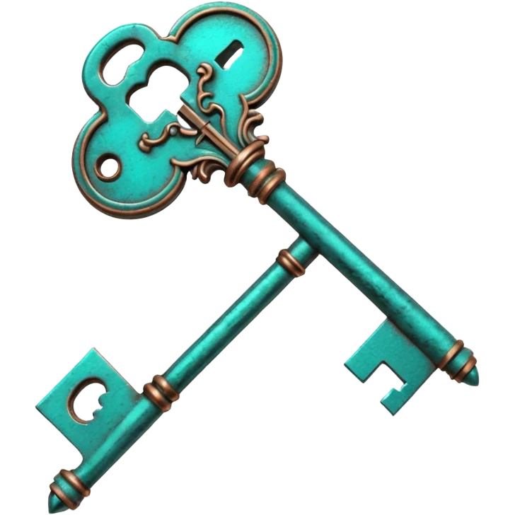 3D render of Vintage Key, heavily oxidized copper texture, verdigris patina, Ornate key fully turned teal, weathered bronze aesthetic, ancient decay, emoji style, isolated on white background --v 6.0. emoji