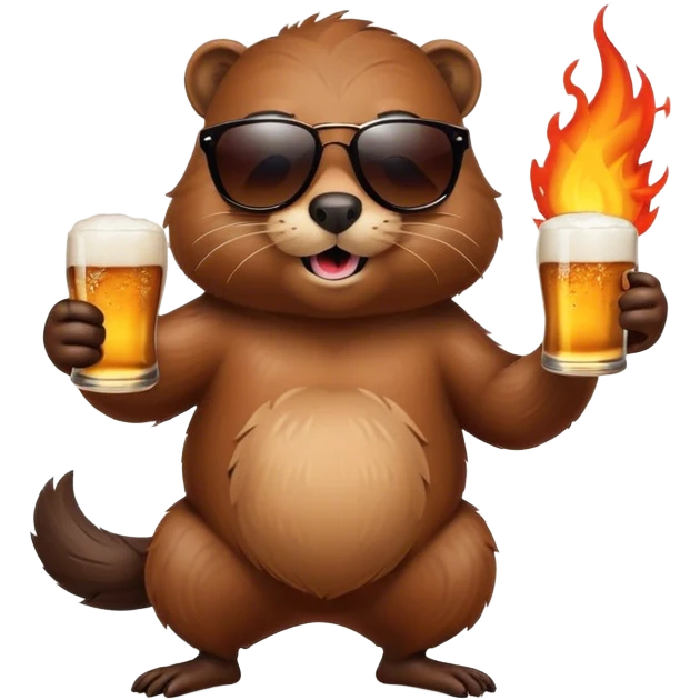 Beaver with sunglasses dancing and drinking beer. There is fire in background. emoji