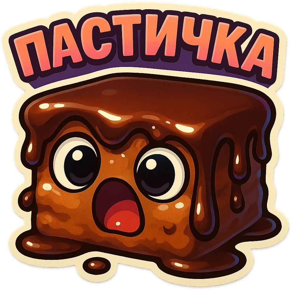 Rectangular chocolate mini pastry, slightly messy and squished, chocolate dripping, big round eyes, wide open mouth, playful surprised expression, text above: "ПАСТИЧКА", chibi style, Twitch emoji style, transparent background, colorful

 emoji