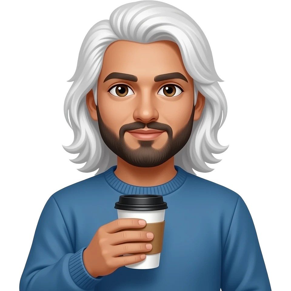 Without facial hair, Pakistani guy with long white hair drinking coffee, wearing blue sweater, no facial hair - bare face emoji