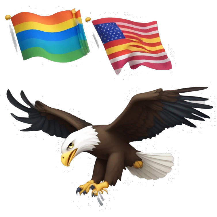 bald eagle in flight grasping three different flags: 1. pride flag, 2. trans flag, and 3. earth flag with talons  emoji
