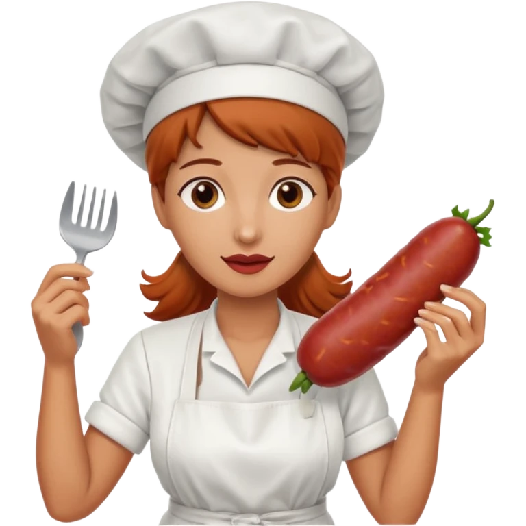 Charcuteraa con un chorizo y embutido en la mano con una redecilla en el pelo y delantal blanco emoji