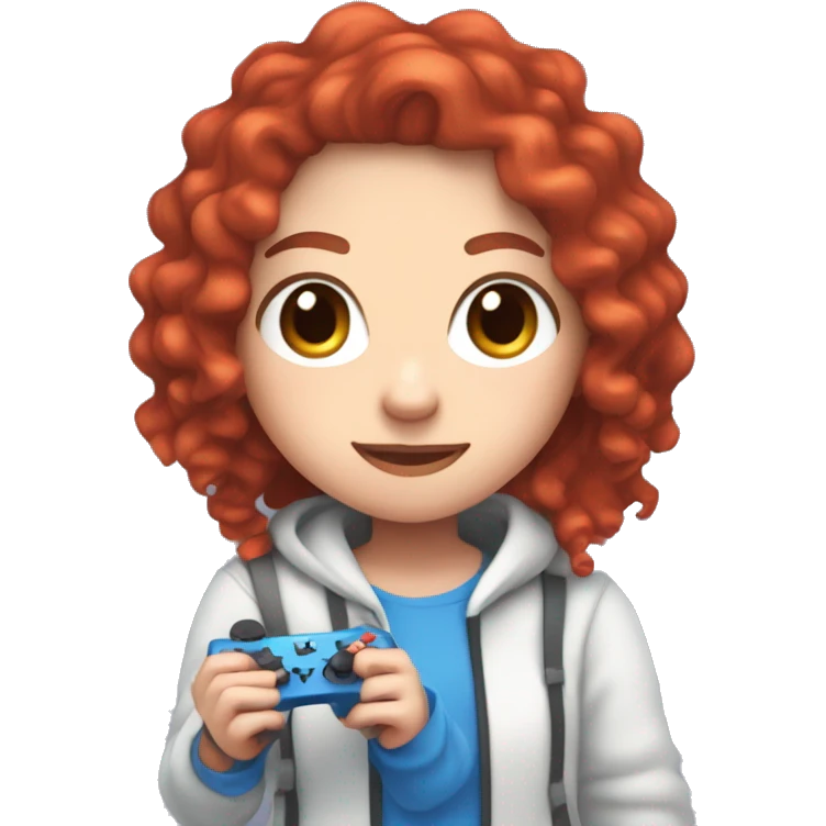 a white girl with long red curly hair, wearing periwinkle Minecraft hoodie holding a controller emoji