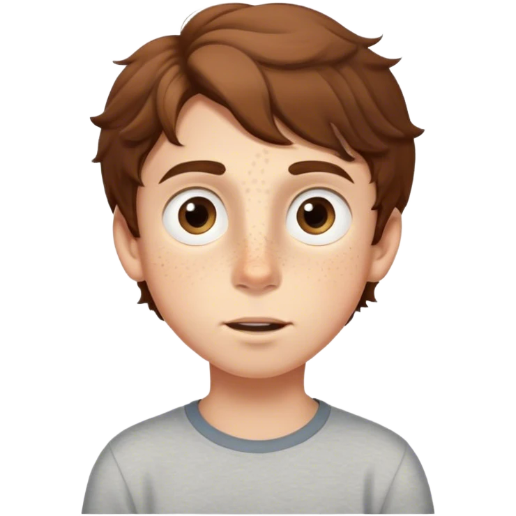 A young boy with wavy brown hair, large expressive eyes, and freckles across his cheeks. He has a curious and adventurous expression, with slightly raised eyebrows and a gentle smile, light skin emoji