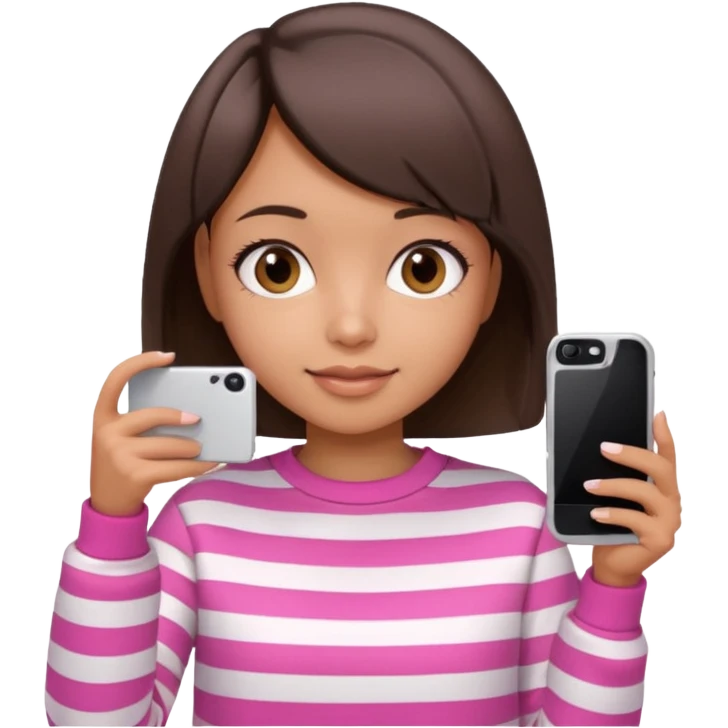 Emoji of a cute 3D girl with short dark brown bob hairstyle, wearing a pink and white striped sweatshirt. She is holding a phone and taking a selfie, white background.

 emoji