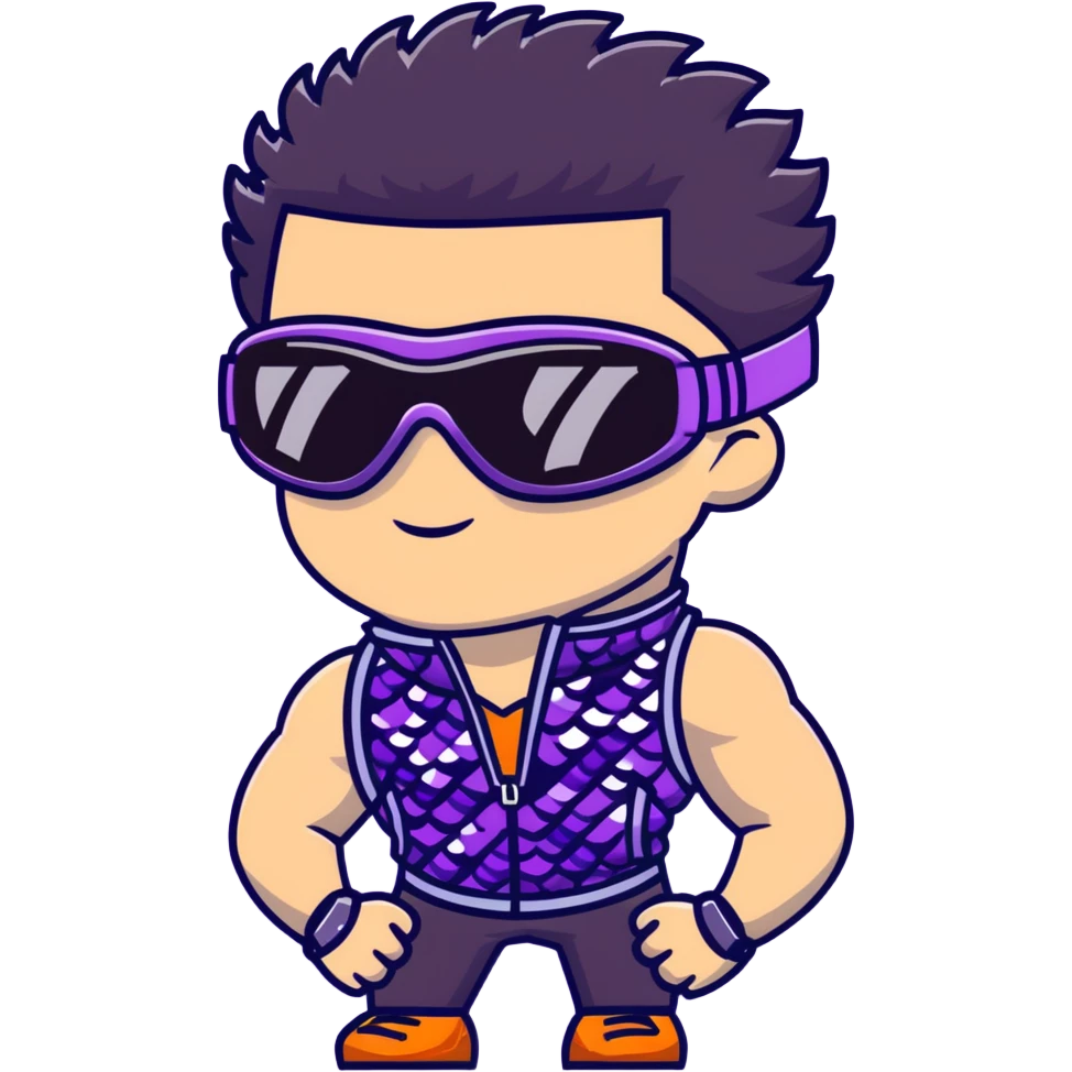 male athlete with white skin and moderately curly black hair on top with shaved sides, wearing ski goggles with purple frames and very dark black lenses, a simple plain black chain necklace, and a completely unzipped sleeveless vest with purple and black sequin fire pattern design, fully revealing his chest, shoulders and arms, no earrings emoji