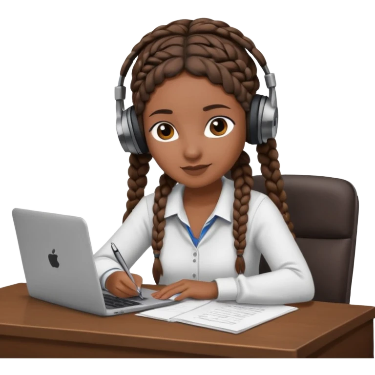 realistic dark brown skinned female with braids sitting at a desk with headphones on emoji