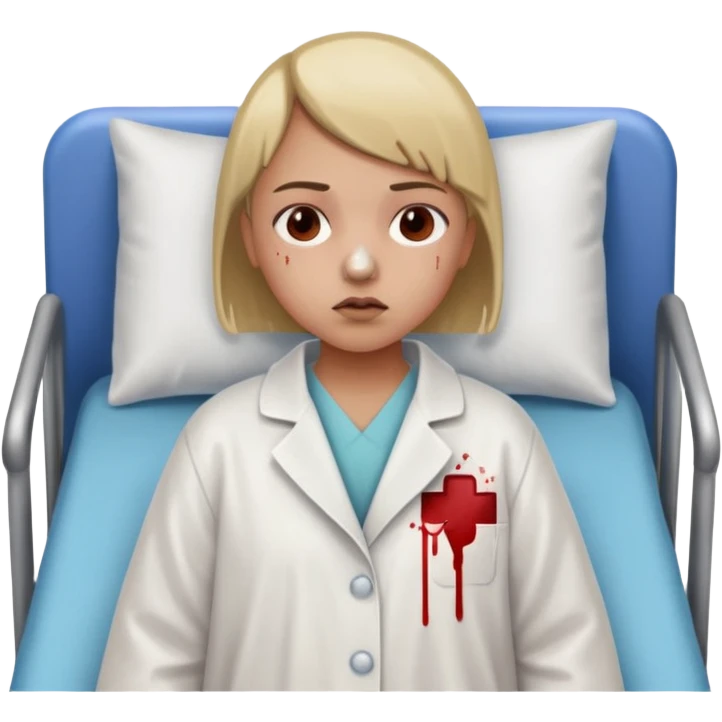 A nine year old girl that is wearing a hospital bed coat that has a buzz cut and her nose is bleeding emoji