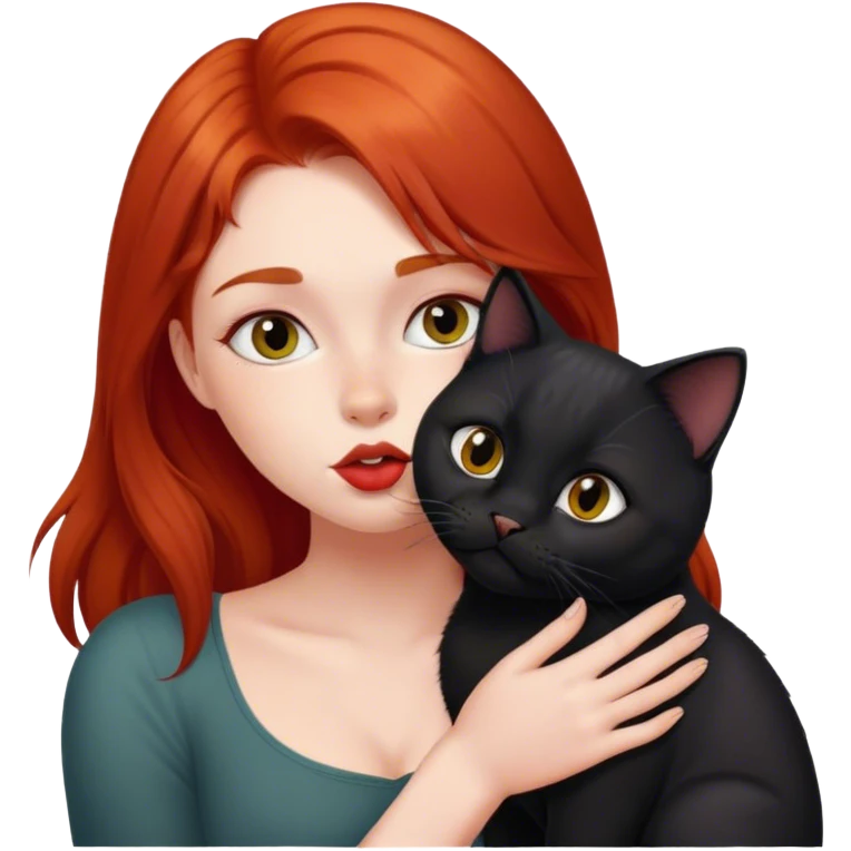 A red-haired girl kisses a black British cat  emoji
