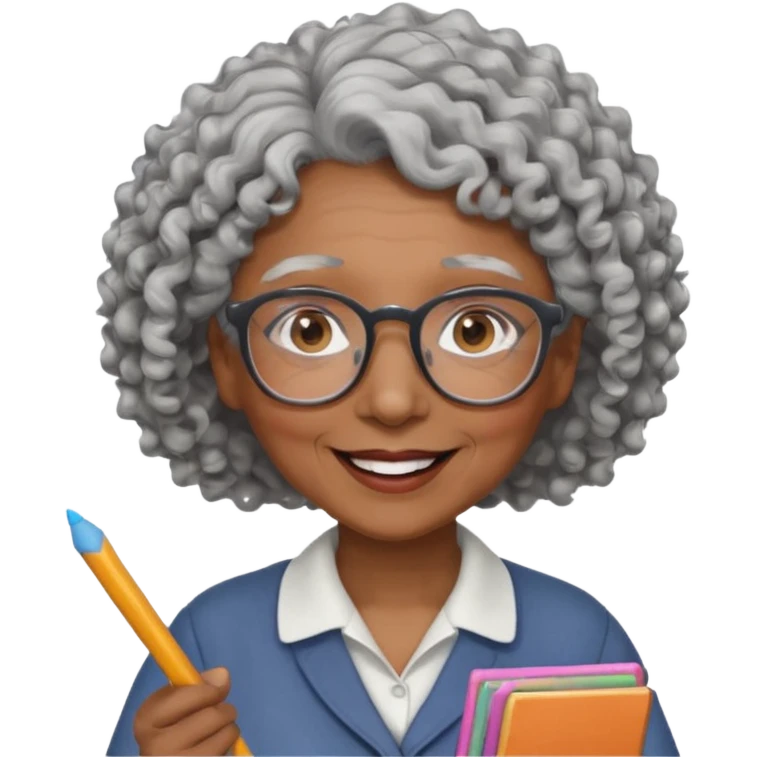 old woman teacher, brown skin, curly grey white hai, wearing glasses, hold chalk on hand emoji