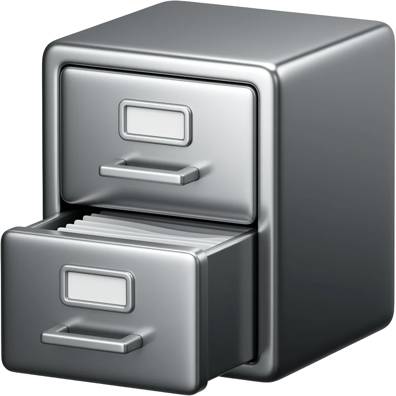 Take the 🗄️ filing cabinet emoji and recreate it as a 3D chrome metallic icon.  Liquid silver material, glossy reflections, black and white only,  dramatic studio lighting, white background,  ultra sharp render, 512x512px, no text,  same shape and silhouette as the original emoji emoji