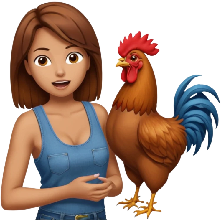 Kneeling Brown hair very large boob Woman open mouth tank top, wearing jeans touching one rooster emoji