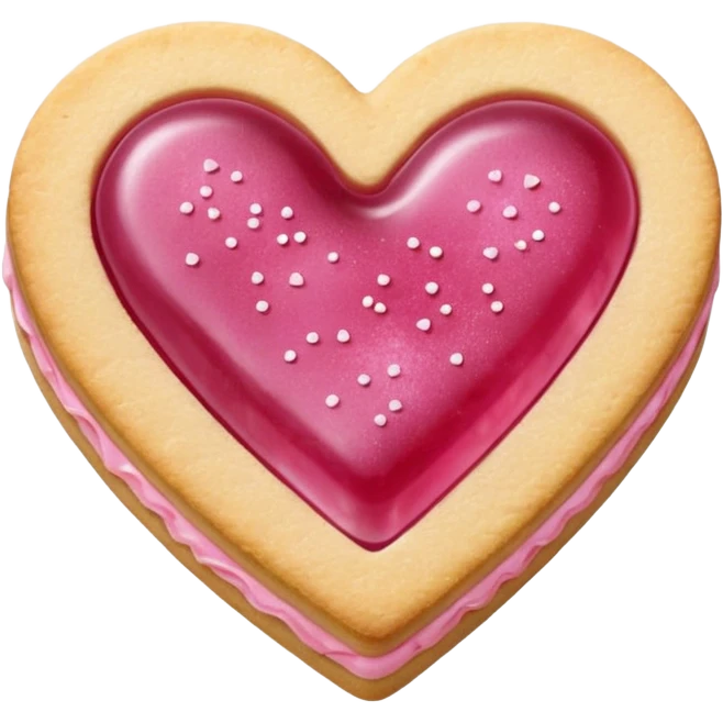 Realistic shortbread cookie in the shape of a heart with pink jelly middle filling and sprinkled powder sugar on top. emoji