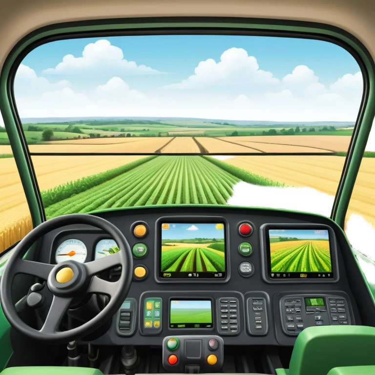 a view from the tractor cabin, with the dashboard in focus, overlooking a vibrant rural landscape. Inspired by Farming Simulator 22, the scene includes fields, crops, and distant barns under a bright sky. The design highlights the immersive experience of farm management. transparent background emoji