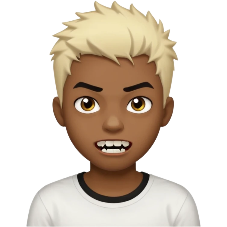 Black Male Teenager with Short punk messy blonde hair, Dark brown bushy eyebrows large expressive golden-brown eyes, wearing a plain white t-shirt, Dark Brown skin color. vampire tooth emoji