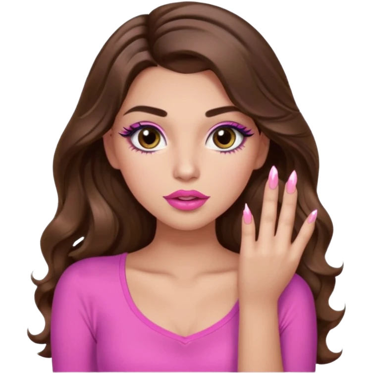 girl with long wavy brown hair, brown eyes, light to medium complexion, in a pink sexy top, pink lips, long lashes, puckered lips, showing my nails emoji