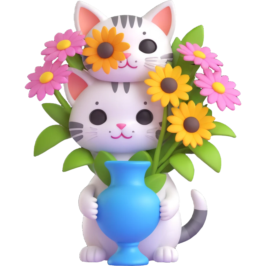 A 3D cute cat holding a vase with flowers, with the text "Have a Beautiful Day" in the style of the reference image. The scene should be warm and inviting, with soft colors and a friendly atmosphere. emoji