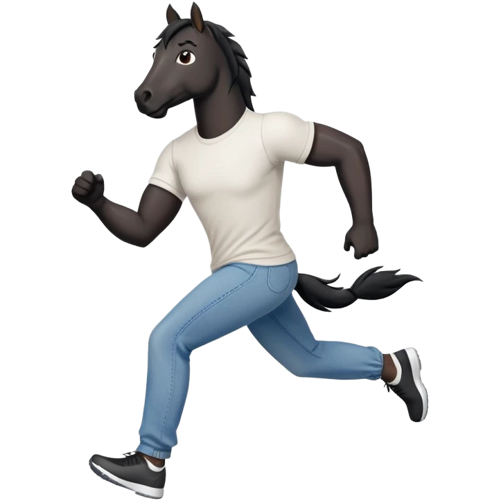 friendly anthropomorphised black stallion in jeans and a t-shirt, jogging upright in standard pose emoji
