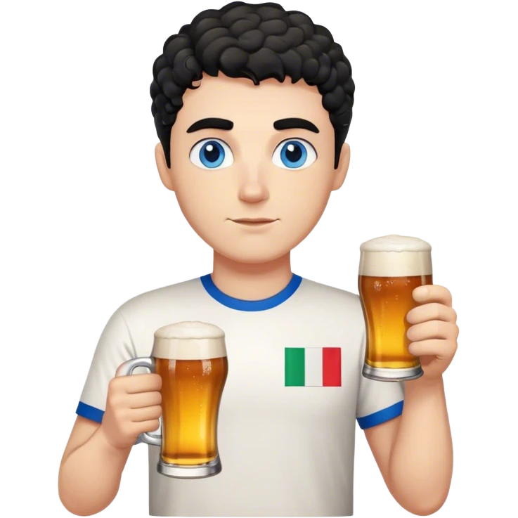 white guy thick eyebrows blue eyes with short curly black hair holding beer wearing a shirt with the italian flag emoji
