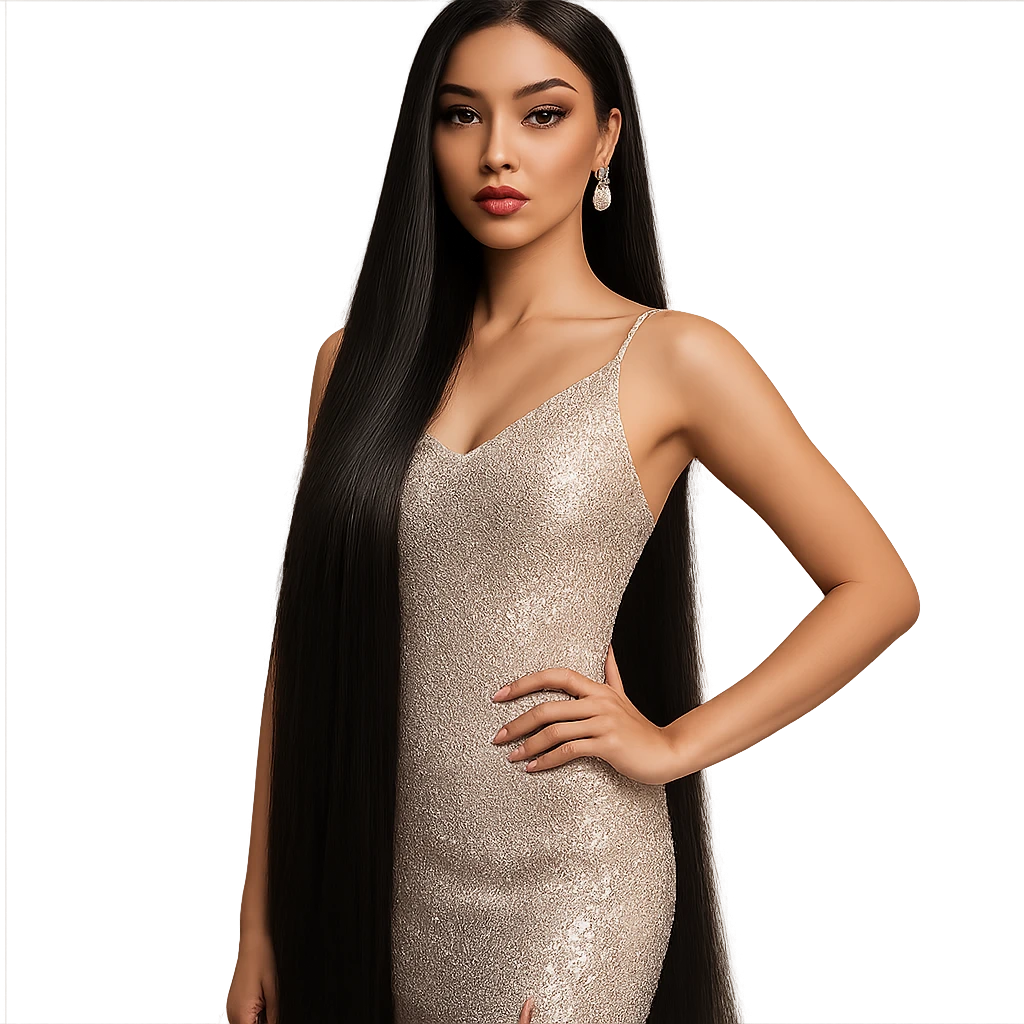 Glamorous South East Asian woman with floor-length straight black hair, pageant style emoji