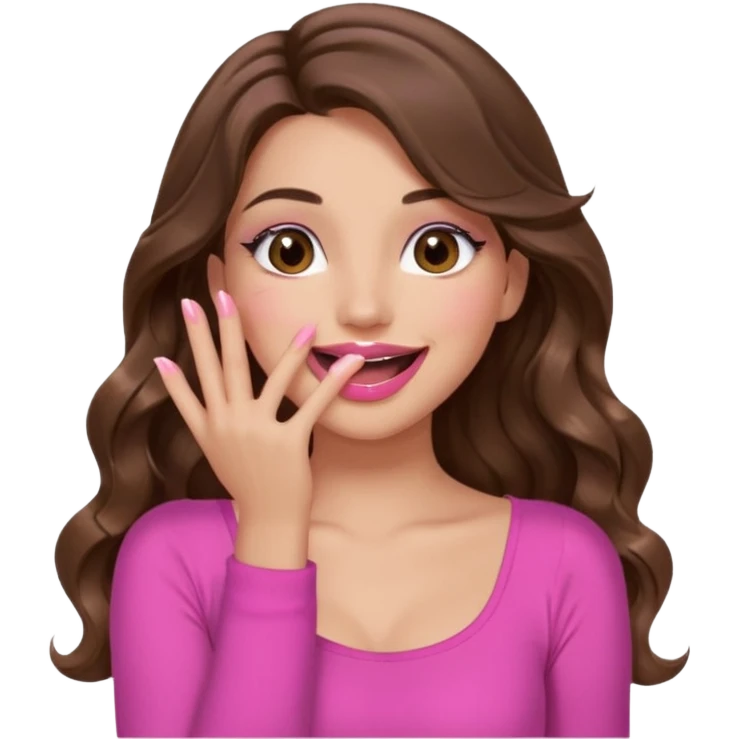 girl with long wavy brown hair, brown eyes, long lashes makeup, pink lips, light to medium complexion, pink sexy top, smiling, hand covering the mouth, giggling emoji