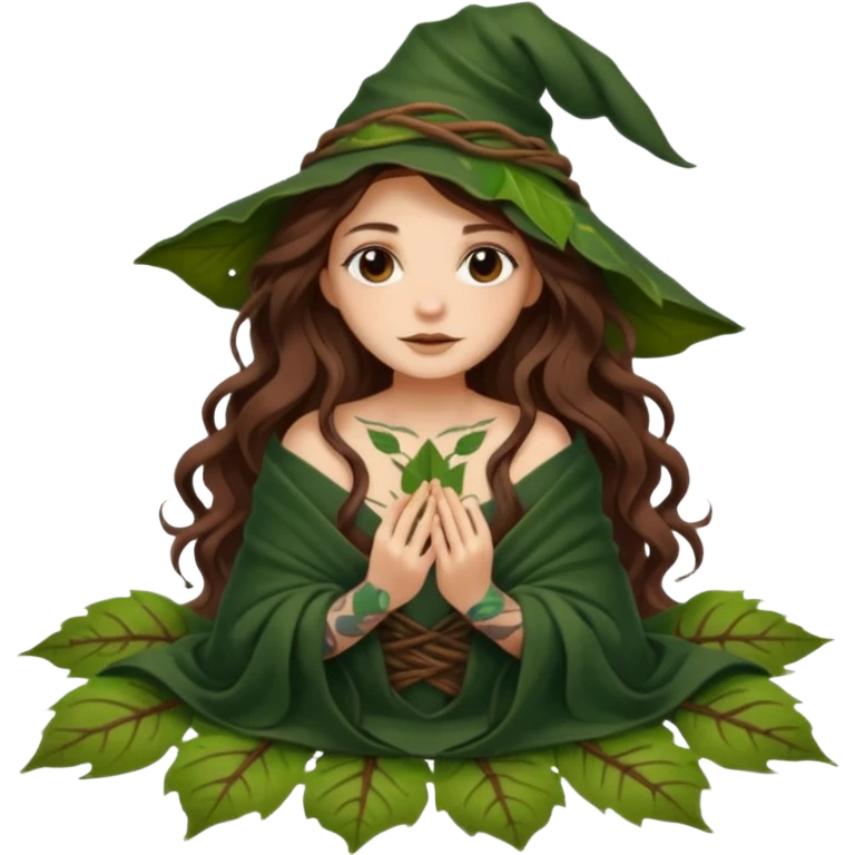 cute forest witch woman long wavy brown hair tattoos wrapped in leaf blanket emoji