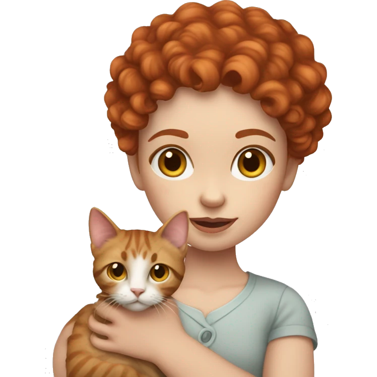 Pale skin Red hair curly girl holding tabby cat emoji