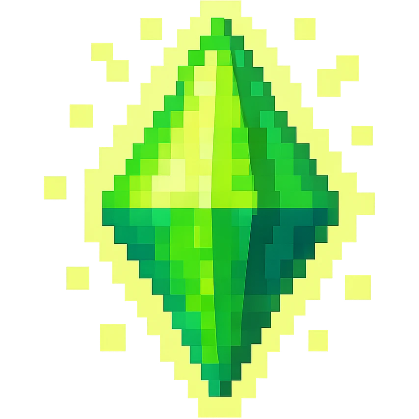 Sims-inspired plumbob, green, with a glowing aura, floating, game-accurate emoji