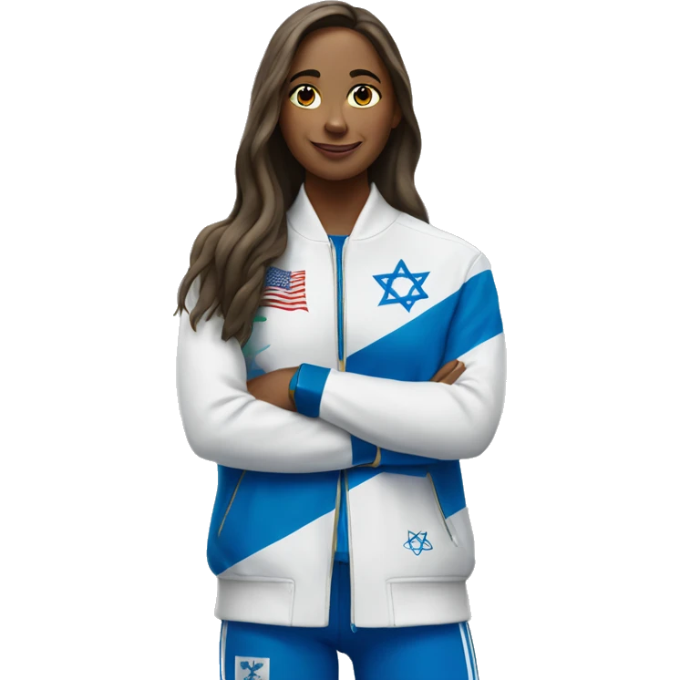 A woman at the Olympics who has the Israeli flag on her jacket with a gold medal emoji