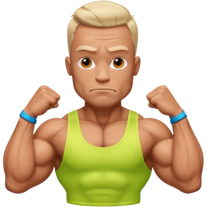 male memoji, ridiculous bodybuilder, tiny head, huge uneven muscles, cheap neon tank top, fake tan, dumb empty stare, caricature style emoji