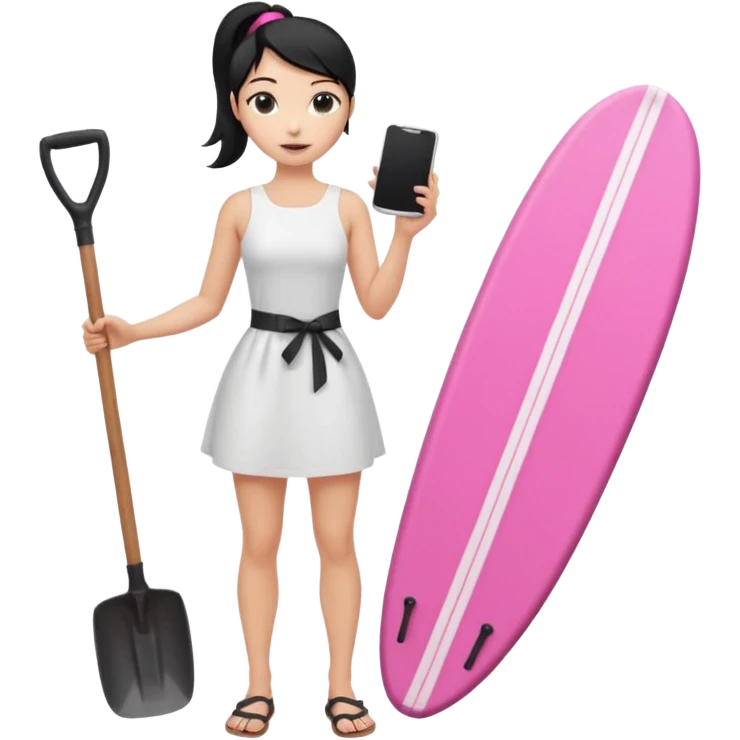 Princess who wearing white dress (woman) black ponytail hair holding her cellphone and  one garden shovel with another hand. She is standing on her feet, there is one pink surfing board. emoji