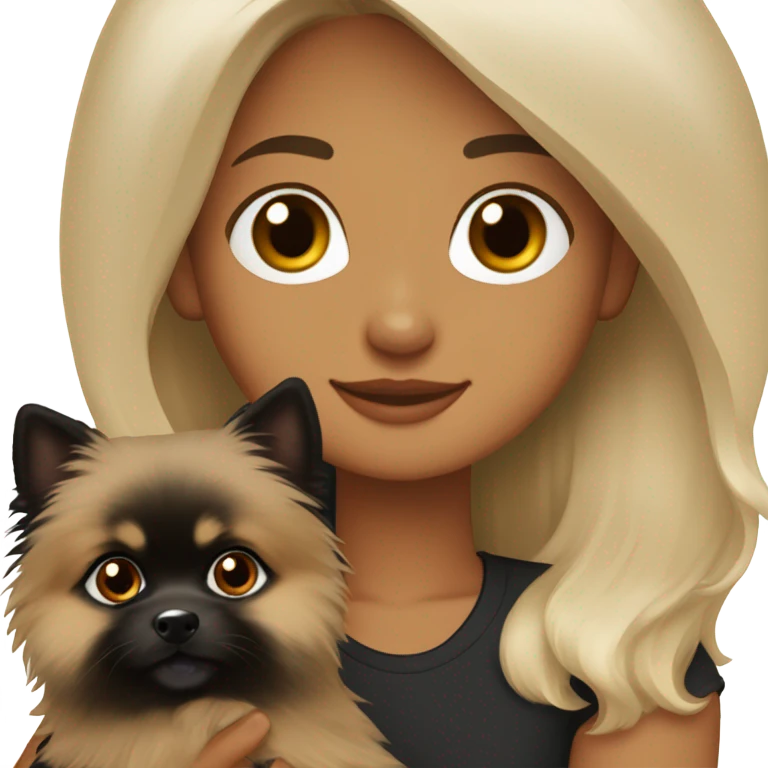 blonde girl, medium-length hair, gray eyes holding a black and tan Pomeranian Spitz in her arms emoji