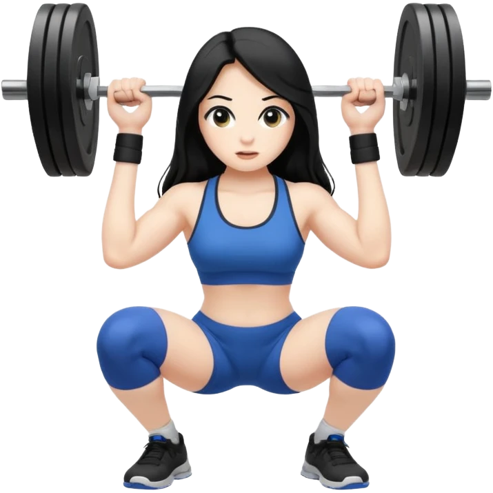 Pale girl with long black hair squatting weight, with laptop  emoji