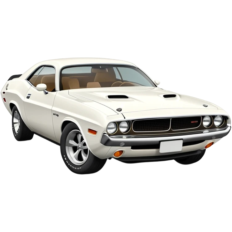 White 1971 Dodge Challenger with consistent proportions, accurate three-quarter view at 30 degrees, showing front grille, headlights and side profile in correct perspective, all white, iOS emoji style emoji