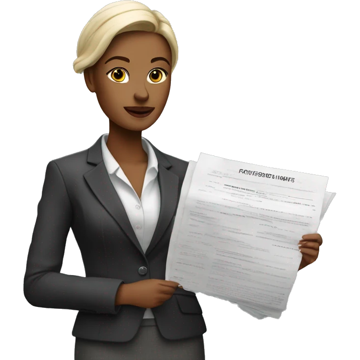 A stylish woman dressed in business attire, confidently holding a small model of a house or a real estate contract. She has a self-assured expression. emoji