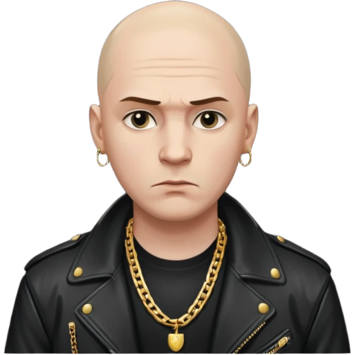 Bald Russian 1990s gangster emoji, leather jacket, , serious face emoji