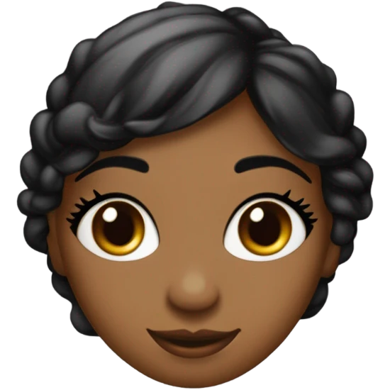 chica de ojos almendrados color negro ónix con un eyeliner negro, cabello rizado en corte mariposa con fleco estilo cortina negro oscuro, piel oliva claro, labios rojos intensos gruesos de sutil sonrisa. emoji