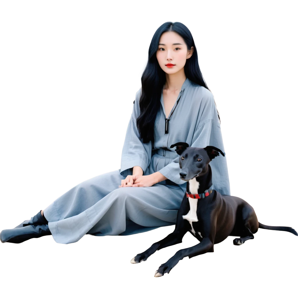 A very beautiful and attractive 25-year-old Chinese woman with long flowing black hair and a SOLID DARK GREY whippet sitting together on a beach during a beautiful sunset. The whippet MUST be COMPLETELY SOLID DARK GREY with ABSOLUTELY NO WHITE MARKINGS ANYWHERE - no white chest, no white face, no white paws, no white tip on tail - ENTIRELY ONE SOLID DARK GREY COLOR throughout the entire dog. Orange and red sunset sky over the ocean, sandy beach in the foreground. emoji