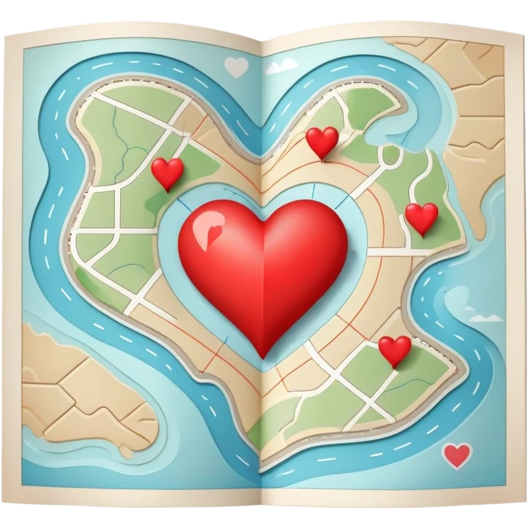 Folded cartographic map with pale ethereal colors, featuring red heart markers and various colored symbols indicating different emotional experiences, topographic lines emoji