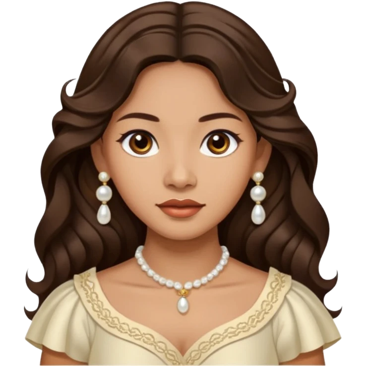 Tan Filipino woman with dark brown eyes and long dark wavy hair parted in the middle wearing a traditional filipiniana and white pearl stud earrings emoji