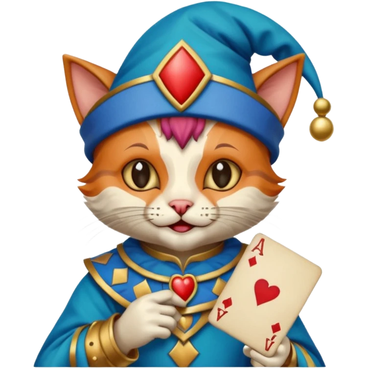 crazy colorful cute little cat jolly joker from poker, medieval, vintage, court jester, mac os icon, blue color, holds an ace poker card (clearly detailed and precise) emoji